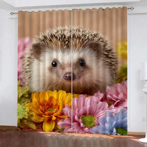 YNIOFU Igel Wohnzimmer Verdunkelungsvorhänge, Blumen Schlafzimmer Vorhang Blickdicht, Tiere für Kinder Ösen Schiebevorhänge, Tierwelt Gardinen B 107 x H 214cm 2 Paneele von YNIOFU