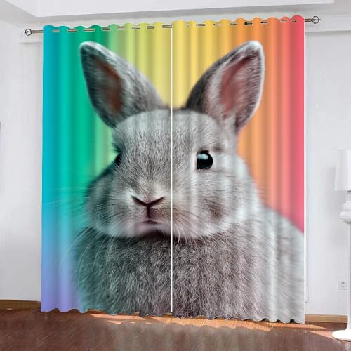 YNIOFU Kaninchen Schlafzimmer Gardinen, Graues Kaninchen Blackout Vorhang,süße Tiere Bedruckt Schiebevorhänge, Regenbogen-Wildtiere Blickdicht Verdunkelungsvorhänge B 60 x H 140cm 2 Paneele von YNIOFU