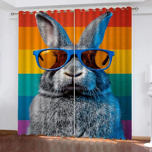 YNIOFU Kaninchen Wohnzimmer Verdunkelungsvorhänge, Cartoon-Kaninchen Schlafzimmer Vorhang Blickdicht, Interessante Tiere Ösen Schiebevorhänge, Haustierkaninchen Gardinen B 107 x H 214cm 2 Paneele von YNIOFU
