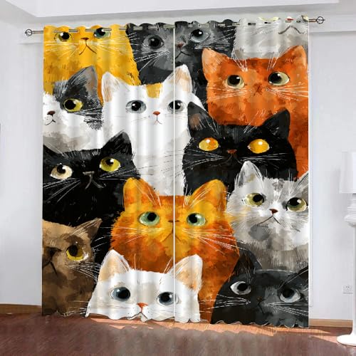 YNIOFU Kind Schlafzimmer Gardinen, Cartoon-Katze Verdunkelungsvorhang, süßes Kätzchen Blickdichte Schiebevorhänge, Geschenke für Katzenliebhaber Thermo Isoliert vorhänge B 132 x H 214cm 2 Paneele von YNIOFU
