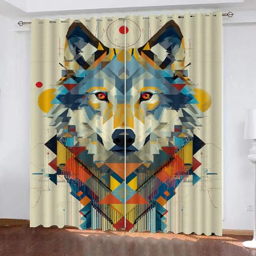 YNIOFU Mittelalter-Retro Wohnzimmer Verdunkelungsvorhänge, Moderne Geometrie Schlafzimmer Vorhang Blickdicht, Cartoon-Wolf Ösen Schiebevorhänge, Tiere für Kinder Gardinen B 107 x H 214cm 2 Paneele von YNIOFU