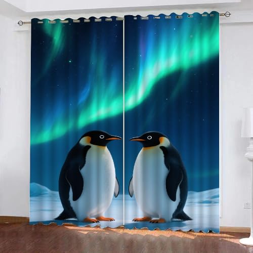 YNIOFU Pinguin Verdunkelungsvorhänge, Aurora Schlafzimmer Gardinen,Cartoon-Pinguin Thermoisolierung Raumverdunkelung, blaugrüner Sternenhimmel Fenster Vorhänge B 100 x H 160cm 2 Paneele von YNIOFU