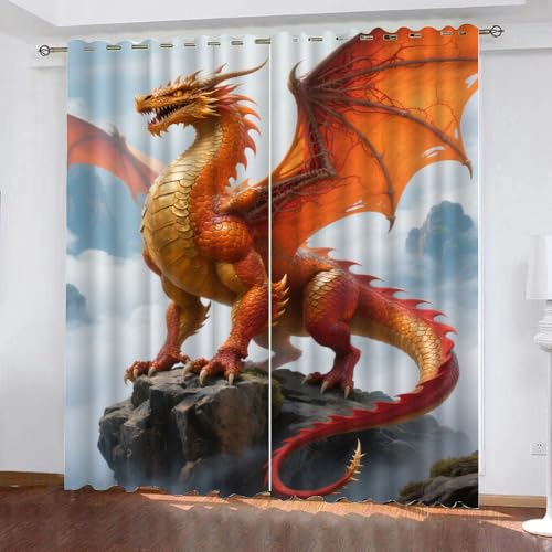 YNIOFU Roter Drache Schlafzimmer Gardinen, Fantasy Mittelalter Blackout Vorhang,Magische Bestien Bedruckt Schiebevorhänge, Drachen Blickdicht Verdunkelungsvorhänge B 60 x H 140cm 2 Paneele von YNIOFU
