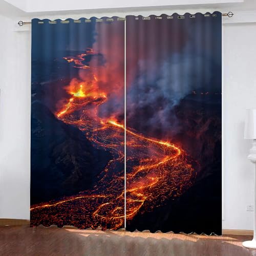 YNIOFU Vulkan Verdunkelungsvorhänge, Lava Schlafzimmer Fenster Behandlungen, Flammenflüssigkeit Schiebevorhänge, Landschaft Thermo Isoliert Gardinen B 96 x H 183cm 2 Paneele von YNIOFU
