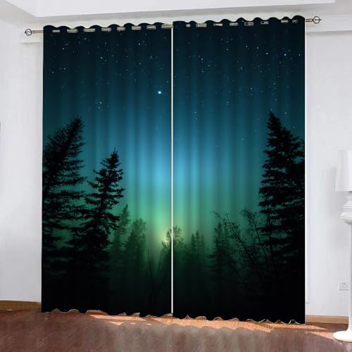 YNIOFU Wald Schlafzimmer Gardinen, Bunte Aurora Verdunkelungsvorhang, Wald Blickdichte Schiebevorhänge, Himmel Natur Thermo Isoliert vorhänge B 132 x H 214cm 2 Paneele von YNIOFU