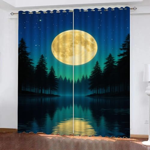 YNIOFU Wald Verdunkelungsvorhänge, Sternenhimmel Schlafzimmer Gardinen,Kiefernwald Thermoisolierung Raumverdunkelung, Sternenhimmel Nachtansicht Fenster Vorhänge B 100 x H 160cm 2 Paneele von YNIOFU