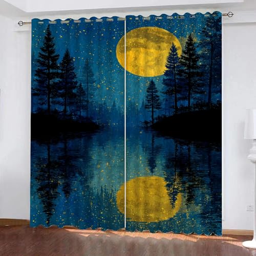 YNIOFU Wald Verdunkelungsvorhänge, Sternenhimmel Schlafzimmer Gardinen,Kiefernwald Thermoisolierung Raumverdunkelung, Sternenhimmel Nachtansicht Fenster Vorhänge B 100 x H 160cm 2 Paneele von YNIOFU