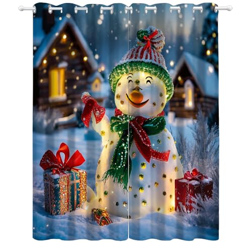 YNIOFU Winterschneemann Blickdichte Vorhänge,B 264x H 240cmWeihnachtsgeschenke mit Schneemann Bedruckt Verdunkelungsvorhänge mit Ösen Thermisch isoliert für Wohnzimmer SchlafzimmerGardine von YNIOFU