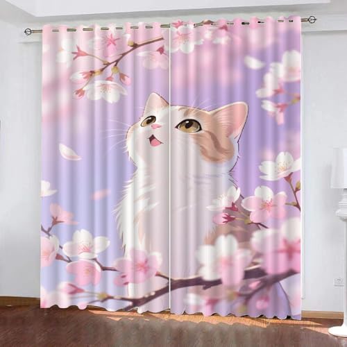 YNIOFU süßes Kätzchen Verdunkelungsvorhänge, Katze Schlafzimmer Fenster Behandlungen, Sakura-Katze Schiebevorhänge, Rosa Thermo Isoliert Gardinen B 96 x H 183cm 2 Paneele von YNIOFU