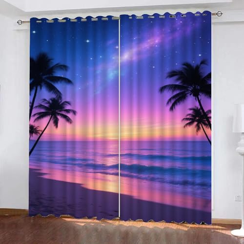 YNIOFU tropischer Strand Schlafzimmer Gardinen, Kinder Sternenhimmel Blackout Vorhang,Palmen Bedruckt Schiebevorhänge, Sonnenuntergang Ozean Blickdicht Verdunkelungsvorhänge B 60 x H 140cm 2 Paneele von YNIOFU