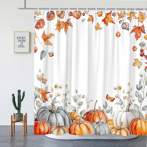 YNKHTEW Herbst-Ahornblatt-Kürbis-Duschvorhänge, Herbst-Aquarell-Pflanzenblätter, Salbei, rustikales Thema, Erntefest, Badezimmer, Polyester-Stoff, Vorhang-Set mit Haken, 178 x 178 cm YNKHTEW Herbst-Ahornblatt-Kürbis-Duschvorhänge, Herbst-Aquarell-Pflanzenblätter, Salbei, rustikales Thema, Erntefest, Badezimmer, Polyester-Stoff, Vorhang-Set mit Haken, 178 x 178 cm von YNKHTEW