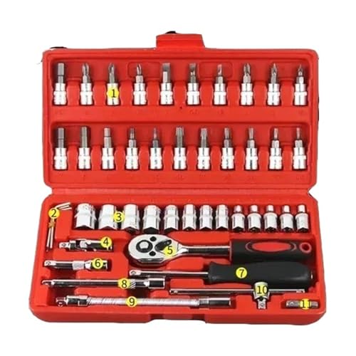 46/53-teiliger Steckschlüsselsatz Mit 1/4-Zoll-Antrieb, Ratschengriff Und Metrischen Sechskant-Bit-Stecknüssen For Mechanische Reparaturen(46 PCS Red) von YNKJFOD