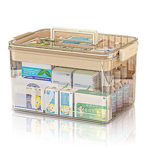YNNHUDEEP Medikamenten Aufbewahrung - Doppelschichtige Mehrkammern transparente Hausapotheke mit Griffe, medikamenten Organizer für zuhause (Teefarbe, 29×21×17 cm) von YNNHUDEEP