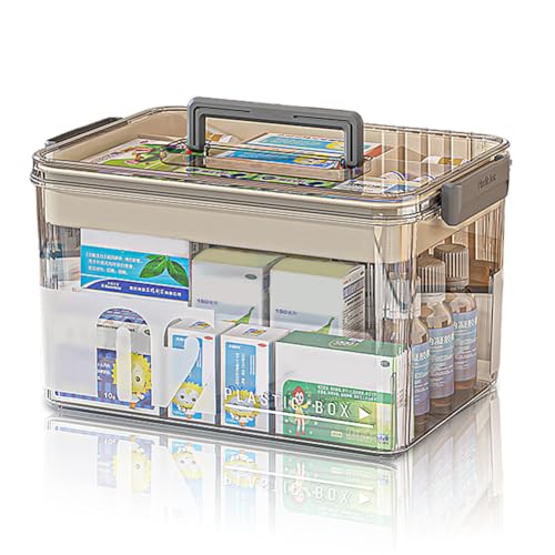 YNNHUDEEP Medikamenten Aufbewahrung - Doppelschichtige Mehrkammern transparente Hausapotheke mit Griffe, medikamenten Organizer für zuhause (grau, 29×21×17 cm) von YNNHUDEEP