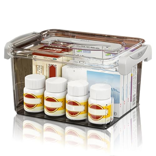 YNNHUDEEP Medikamenten Aufbewahrung - Doppelschichtige Mehrkammern transparente Hausapotheke mit Griffe, medikamenten organizer für zuhause (grau, 17.5×27×14 CM) von YNNHUDEEP