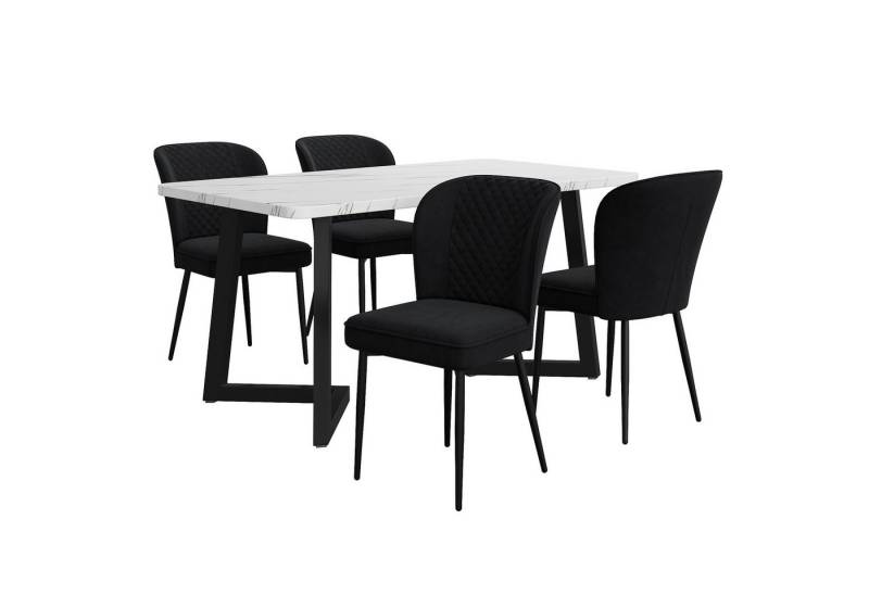 IDEASY Essgruppe 117×68×75cm Esstisch mit 4 Stühlen, Rückenlehne mit Rautenmuster, Polsterstuhl, MDF Tischplatte in Weißer,Schwarz Tischbeine von IDEASY
