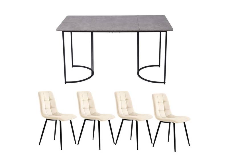 IDEASY Essgruppe 140×80cm Küchentisch mit 4 Stühlen Set(5-tlg), MDF Tischplatte in Grau, Samt Esszimmerstühle von IDEASY