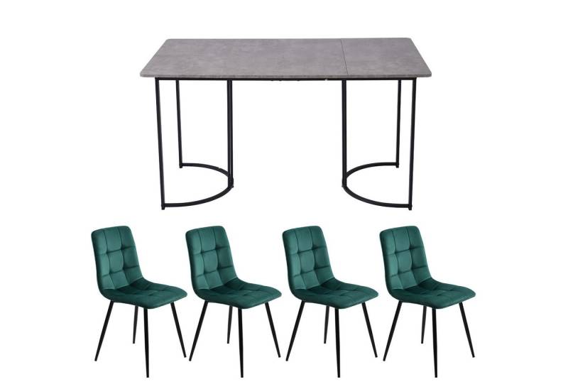 IDEASY Essgruppe 140×80cm Küchentisch mit 4 Stühlen Set(5-tlg), MDF Tischplatte in Grau, Samt Esszimmerstühle von IDEASY