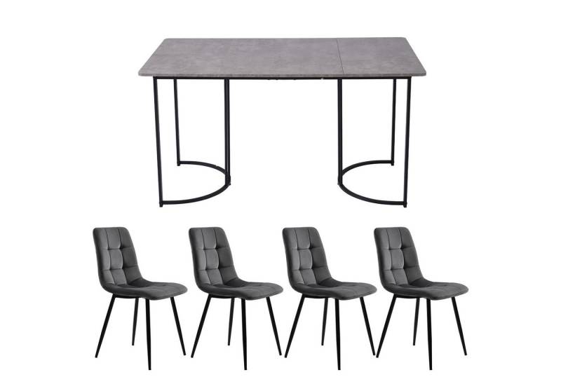 IDEASY Essgruppe 140×80cm Küchentisch mit 4 Stühlen Set(5-tlg), MDF Tischplatte in Grau, Samt Esszimmerstühle von IDEASY