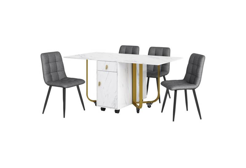 IDEASY Essgruppe 150×80×76cm Esstisch mit 4 Stühlen, Klappbarer Küchentisch Set(5tlg), Leinen Esszimmerstuhl, MDF Tischplatte in Weißer, Schwarz Tischbeine von IDEASY