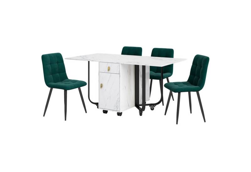 IDEASY Essgruppe 150×80×76cm Esstisch mit 4 Stühlen, Klappbarer Küchentisch Set(5tlg) , Samt Esszimmerstühle, MDF Tischplatte in Weißer, Schwarz Tischbeine von IDEASY