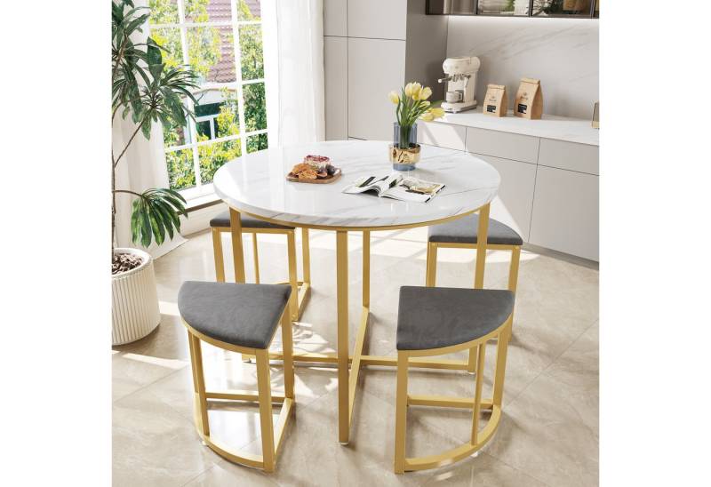 IDEASY Essgruppe Esstisch-Set 5-teiliger Esszimmertisch mit 4 Esszimmerstühlen, Essgruppe mit MDF-Tischplatte und vergoldeten Eisenrahmen von IDEASY