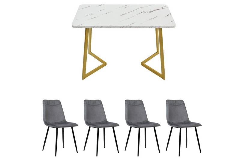 YNOFIT Essgruppe Moderner Küche Esstisch Set(5tlg), Esstisch und 4 Stuhl, MDF Esstisch mit Marmormuster gepaart mit eleganten Stühlen von YNOFIT