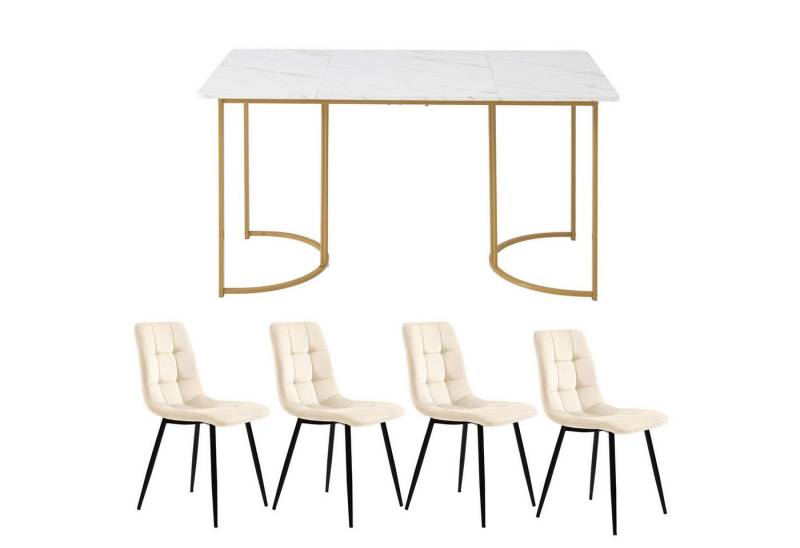 YNOFIT Essgruppe 5St, 140×80cm Esstisch mit 4 Stühlen, Modernes Küchentischset, (Hohe Rückenlehne, verdicktes Sitzkissen, Küchentisch mit Marmormuster), Samt Esszimmerstühle, MDF Tischplatte, Golden Metallbeinen von YNOFIT