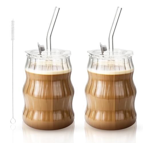 YNOYMO Gerippte Trinkgläser mit Deckel und Strohhalm Glass Tumbler 530ml Blasenglas Bubble Tea Becher Eiskaffee Gläser Glasbecher 2er Eleganter Trinkbecher für Iced Coffee Smoothie Cocktail YNOYMO Gerippte Trinkgläser mit Deckel und Strohhalm Glass Tumbler 530ml Blasenglas Bubble Tea Becher Eiskaffee Gläser Glasbecher 2er Eleganter Trinkbecher für Iced Coffee Smoothie Cocktail von YNOYMO