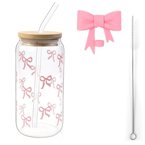 YNOYMO Trinkgläser mit Deckel und Strohhalm Glass Tumbler 500ml Bubble Tea Becher Eiskaffee Gläser Bow Glasbecher Eleganter Trinkbecher für Iced Coffee Smoothie Matcha Cocktail YNOYMO Trinkgläser mit Deckel und Strohhalm Glass Tumbler 500ml Bubble Tea Becher Eiskaffee Gläser Bow Glasbecher Eleganter Trinkbecher für Iced Coffee Smoothie Matcha Cocktail von YNOYMO