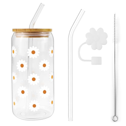 YNOYMO Trinkgläser mit Deckel und Strohhalm Glass Tumbler 500ml Bubble Tea Becher Eiskaffee Gläser Glasbecher Eleganter Trinkbecher für Iced Coffee Smoothie Weiße Blumen von YNOYMO