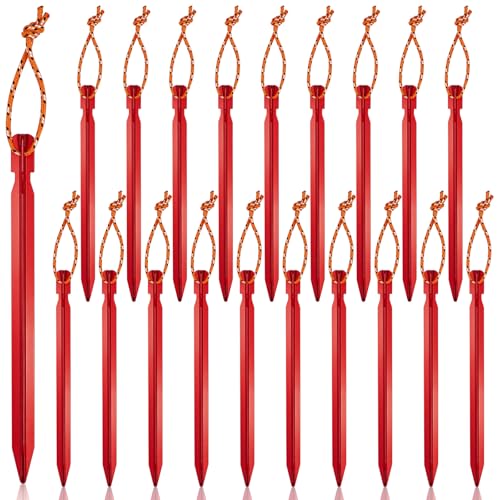 Zeltheringe Heringe Zelt 20 Stück Zelthaken Camping Heringe Erdnägel Stabil Aluminium Bodenanker mit Seil Sandheringe Strand Herringe Boden Zelt Hering Set Erdanker Erdhaken Garten Zubehör (Rot) von YNOYMO