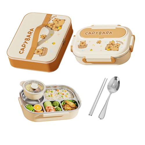 YNPQTDS Lunch Box Set Für Kinder | Capybara Panda Unterteilte Brotdose | Edelstahl Lebensmittelbehälter Mit Besteck Für Snack Büro Frauen Männer Kinder Schule Arbeit Reisen Outdoor Picknick von YNPQTDS
