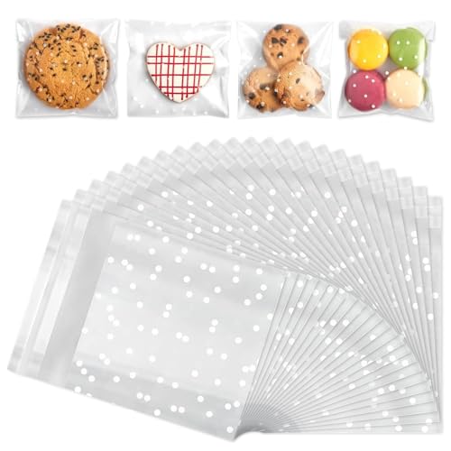 200 Stück gepunktete Plätzchenbeutel, 10 x 10 cm, transparent, selbstklebend, Keksbeutel, durchsichtig, mattiert, Kunststoffpaket mit weißem Punkt für süße Kekse, Pralinen, Kekse, Süßigkeiten von YNR