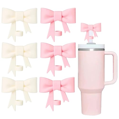 6 Stanley Strohhalm Abdeckungen, Klassische Rosa Schleife Strohhalmdeckel, Wiederverwendbare 10mm Schutzkappe für Cup 30&40oz (Rosa, Beige) von YNR