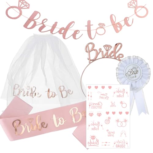 Bride to Be Schärpe und Schleier Junggesellinnenabschied Zubehör Bride to Be Schärpe Schärpe Hen Party Schärpe für Damen Frauen Set Bride to Be Schärpe und Schleier 6 Stücke von YNR