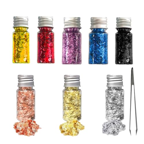 8 Flaschen Dekorative Blattgoldflocken Set,Ungenießbar Blattgold Blättchen mit Pinzette,Bunte Folien Farbenfrohe Blattgoldflocken für die Malerei Kunsthandwerk und Nageldesign von YNR