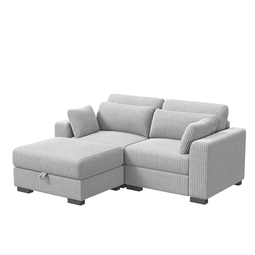 2-Sitzer-Sofa, gepolstert, für Salon Cheslong, Sofa, Bett, Chaiselongue, modulares Sofa, L-förmig, Cord, mit Kissen und Ottomane (Grau, 2-Sitzer + 1 Fußstütze) von YNYHTER