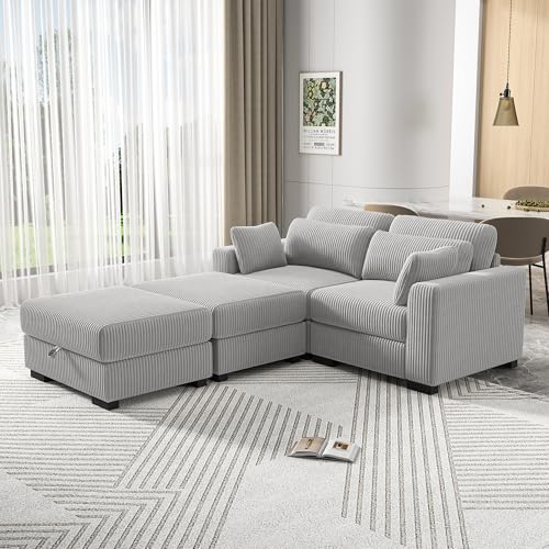 2-Sitzer-Sofa, gepolstert, für Salon Cheslong, Sofa, Bett, Chaiselongue, modulares Sofa, L-förmig, Cord, mit Kissen und Ottomane (grau, 2-Sitzer + 2 Hocker) von YNYHTER