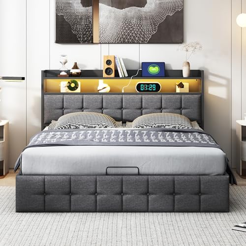 Doppelbett, 140 x 200, gepolstertes Bett mit LED, Bett mit Stauraum und Kopfteil, Doppelbettrahmen, hydraulisch, 140 x 200 cm, hydraulisch, Doppelbetten, Leinen, ohne Matratze (Grau-A, 140 x 200 cm) von YNYHTER