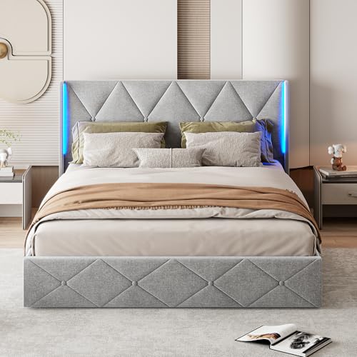 Doppelbett 140 x 200 cm, mit LED, Bett mit Aufbewahrung, 140 x 200 cm, Samtstoff, Doppelbett, gepolstert, mit Kopfteil und Lattenrost, Jugendbetten mit Aufbewahrung, ohne Matratze (Grau A, 140 x 200 von YNYHTER