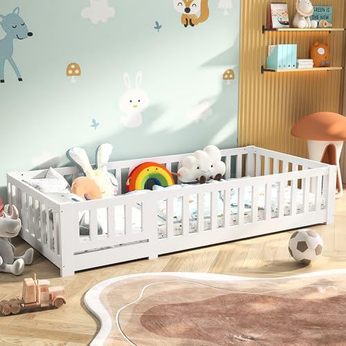 Kinder Bett 90x200cm, Bodenbett mit Rausfallschutz & Lattenrost Montessori Kinderbett 90x200 Kinderbett Holz Plattform Bett Massivholz Modernes Bettgestell weiß, Ohne Matratze (F Weiß, 90x200 cm) von YNYHTER