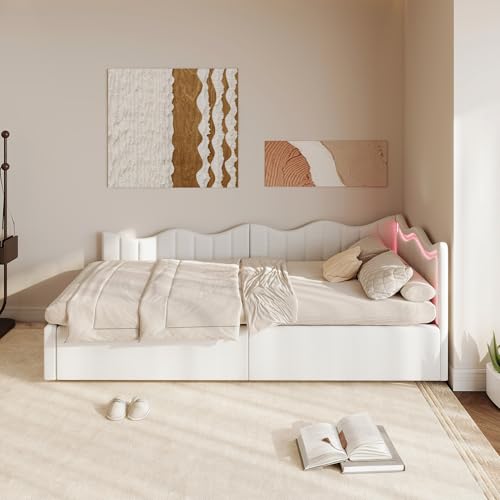Polsterbett Schlafsofa 90x200, Tagesbett mit Led Sofabett mit Lattenrost Einzelbett Jugendbett 90x200 Hydraulisches Bett Kinderbett Multifunktionsbett Daybett,Samt,ohne Matratze (Beige, 90x200cm) von YNYHTER