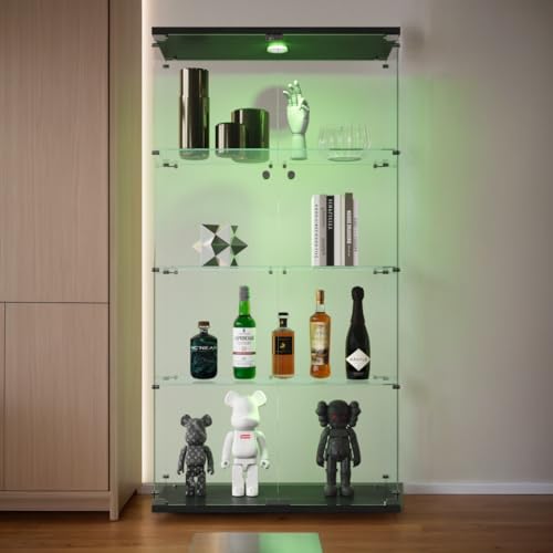 Vitrine aus Glas, LED, 164 x 80 x 36,5 cm, Vitrine aus Glas mit LED-Schloss und 2 Türen, 4 Regalen, transparent, groß, Sammlungsvitrine für Wohnzimmer (2 Türen, 4 Schichten + Lichter, Schwarz) von YNYHTER
