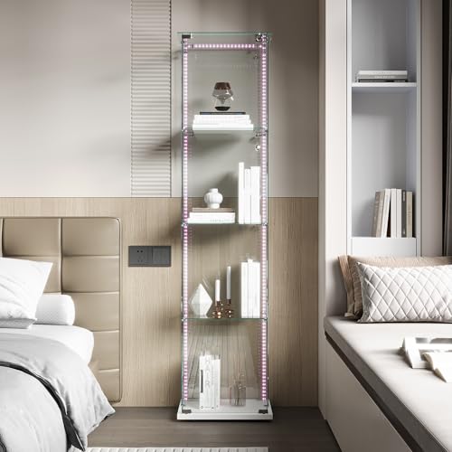 Vitrine für Sammlungen, groß, Glasvitrine mit Licht, 163 x 35 x 39,8 cm, Vitrine mit LED, 1 Türen, 4 Einlegeböden, transparent (1 Tür, 4 Etagen, Weiß B) von YNYHTER