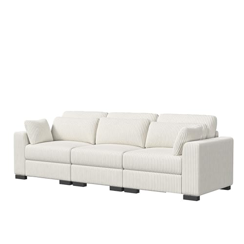 YNYHTER 3-Sitzer-Sofa, gepolstert, für Wohnzimmer, Cheslong, Sofa, Bett, Chaiselongue, Modular, Boden, Chaiselongue, verwandelbar, aus Cord, mit Kissen (Beige, 3-Sitzer) von YNYHTER
