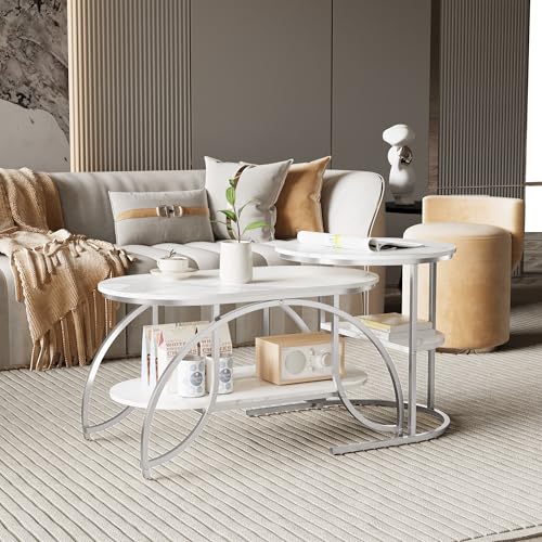 YNYHTER Couchtisch Modern, Beistelltische 2-Set Moderne Wohnzimmertisch 2er Set mit Marmoroptik Metallgestell Tisch Wohnzimmer Sofatisch Beistelltisch für Wohnzimmer Schlafzimmer Balkon (E Weiß) von YNYHTER