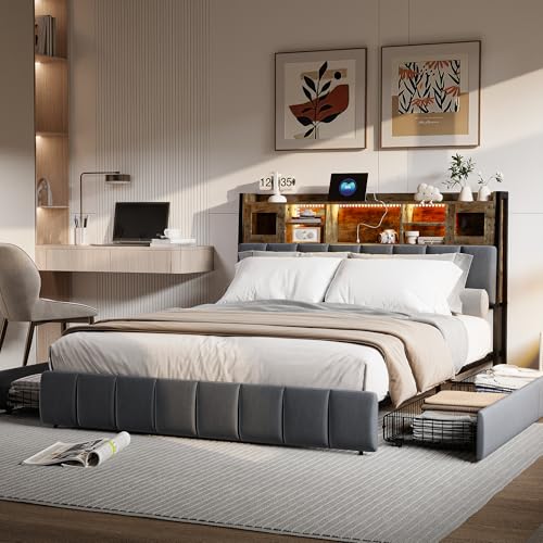 YNYHTER Doppelbett 160 x 200 cm, mit LED, gepolstertes Bett mit Schubladen und USB-Ladeanschluss, Bett mit Aufbewahrung, 160 x 200 cm, Leinenstoff, Doppelbett mit USB, ohne Matratze (Schwarz A, 160 x von YNYHTER