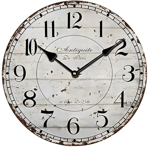 YOAI Wanduhr küchenuhr Vintage Shabby CHIC Antik Nostalgie Rustikale Quarzuhr aus MDF mit lautlosem Uhrwerk,12 Zoll/30CM Ø (Grau) von YOAI