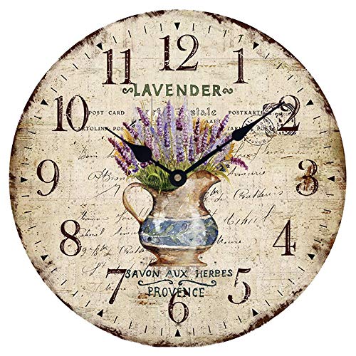 YOAI Wanduhr küchenuhr Vintage Shabby CHIC Antik Nostalgie Rustikale Quarzuhr aus MDF mit lautlosem Uhrwerk,12 Zoll/30CM Ø (Lavendel im Topf) von YOAI